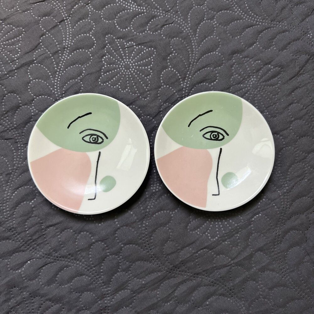 Contemporary Cubism Face Design 4.5" Ceramic Ring Dishes 2pc Picasso Inspired